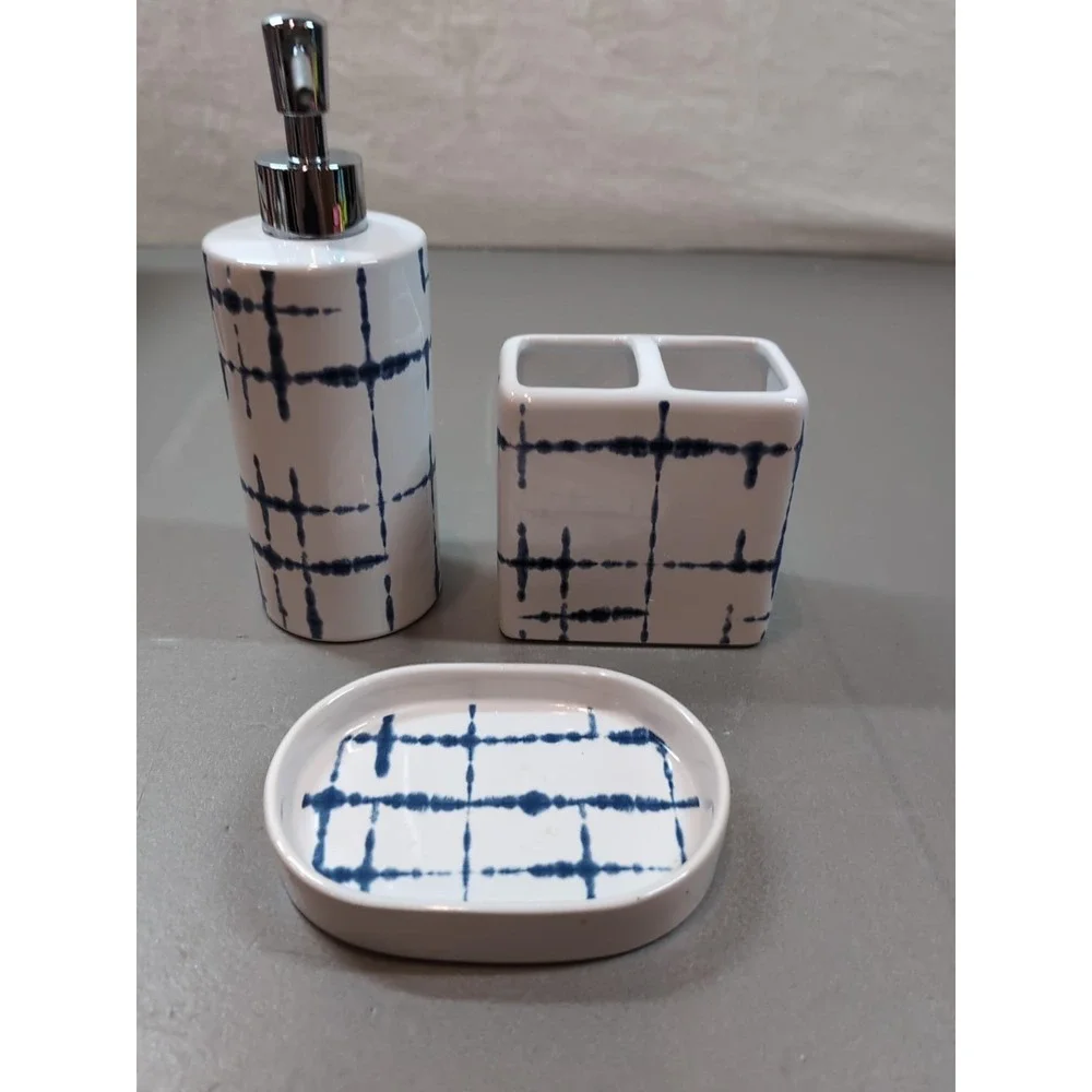 DKNY 3 Piece Ceramic Bath Set Blue Grid Soap Dispenser Toothbrush Holder Dish